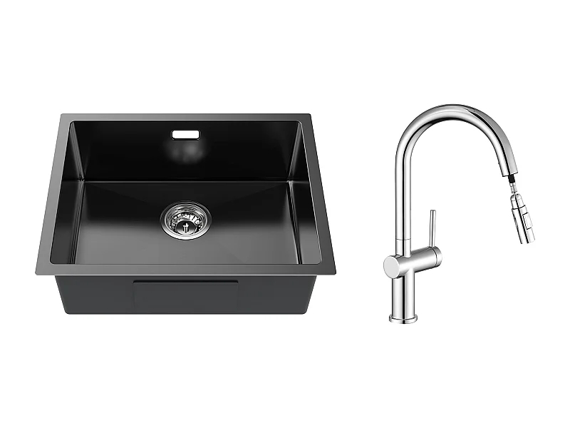 2 en1 Évier de Cuisine 1 Bac 55*44*19CM,à Encastrer/Fleur/ Sous-Plan+Robinet de cuisine Rotatif 360 °2 Fonctions, Barboteur démontable,Noir