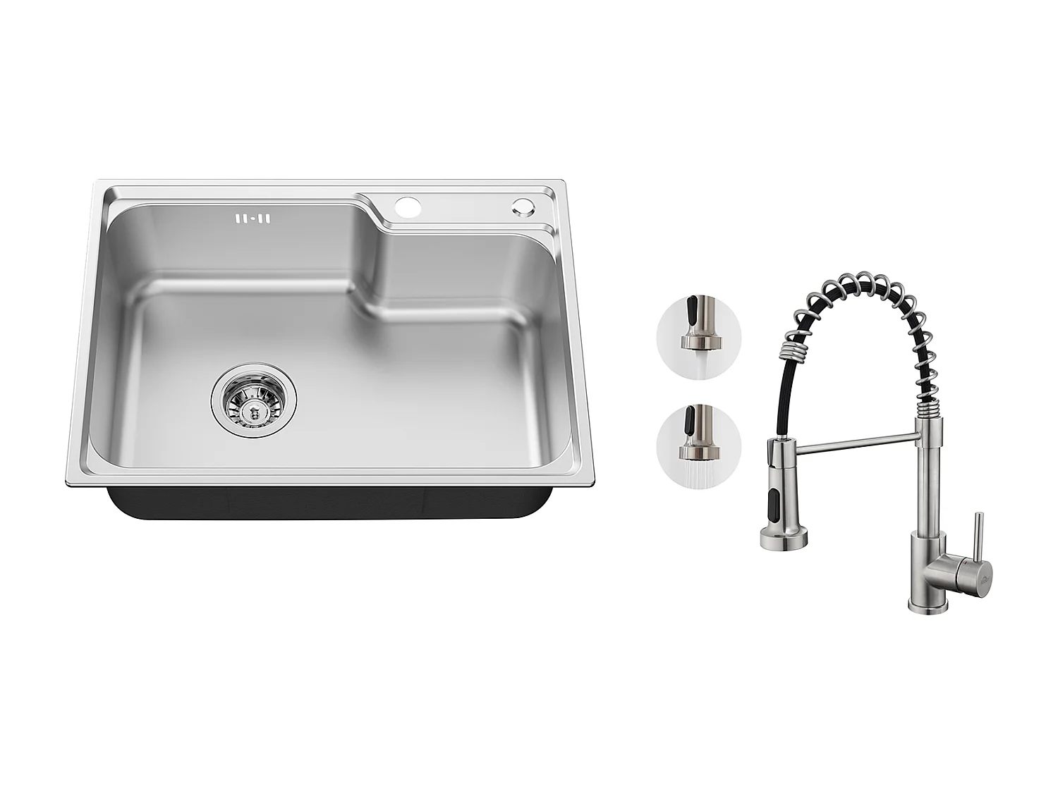 Fregadero Cocina 1Contenedor 62*45*21CM,Acero Inoxidable PVD Nano Lavabo para Colocar,Plata+Grifería Cocina Resorte con Ducha Extensible,Cepillado