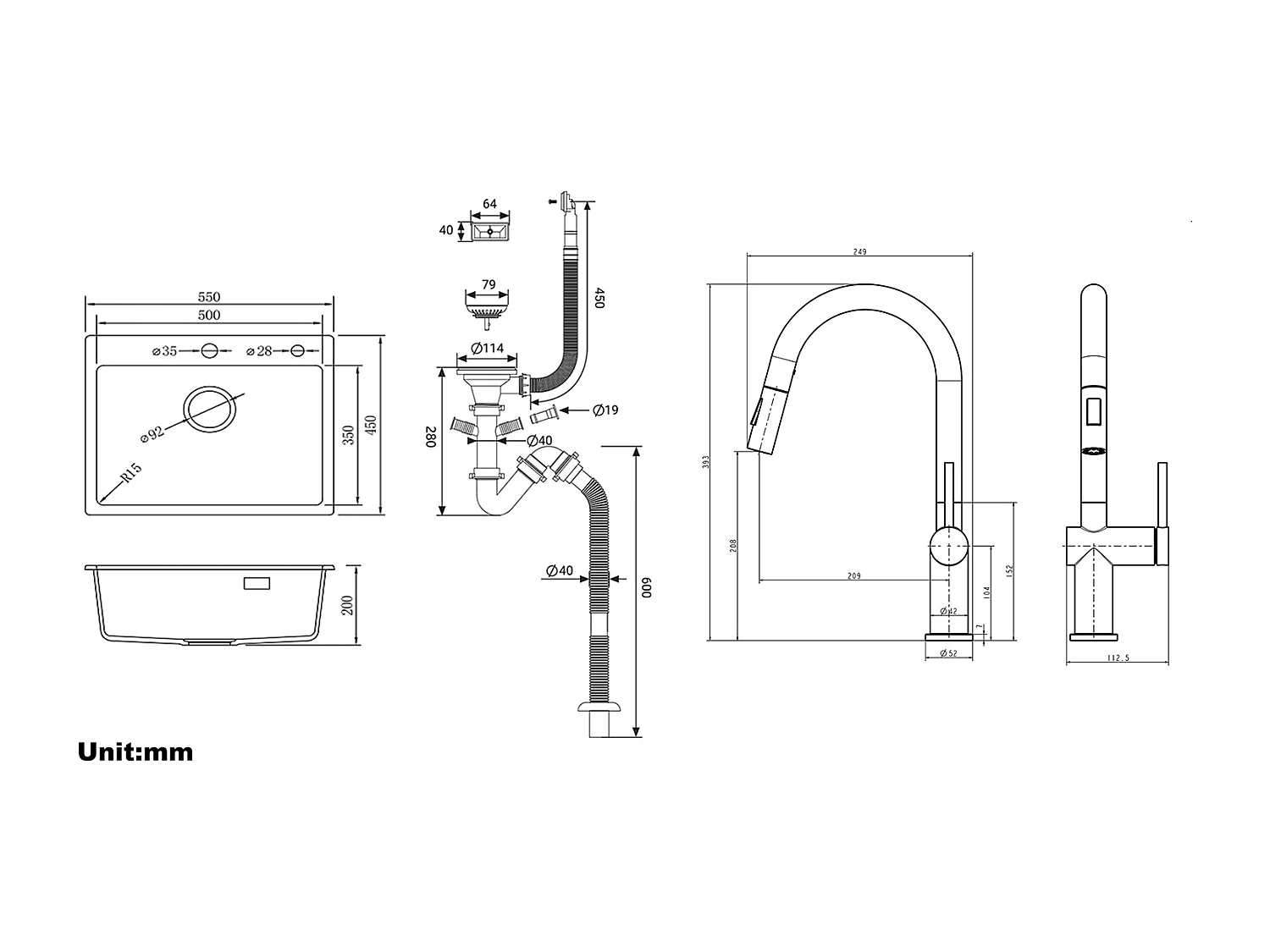 1 Bac Évier Cuisine en Granit,55*45*20cm,Kit de Vidage,Gris +robinet de cuisine rétractable à deux fonctions, Noir