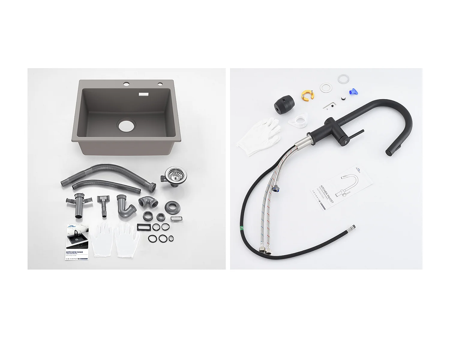 1 Bac Évier Cuisine en Granit,55*45*20cm,Kit de Vidage,Gris +robinet de cuisine rétractable à deux fonctions, Noir