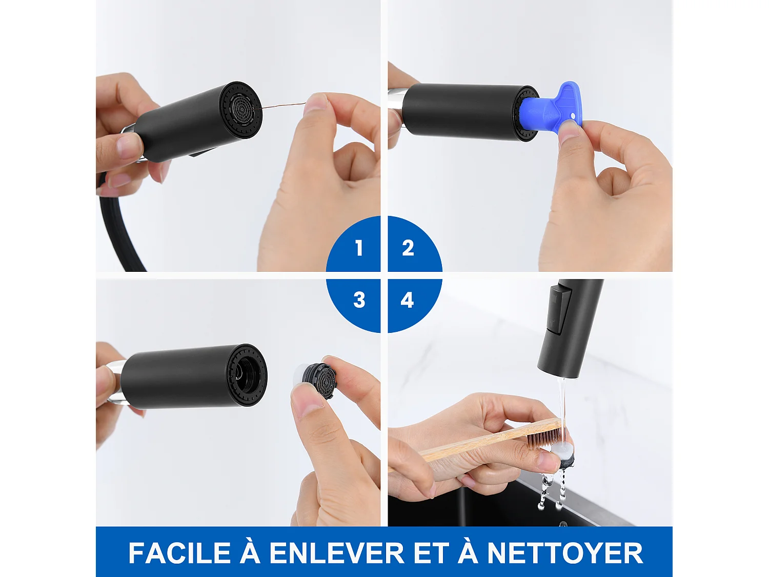 1 Bac Évier Cuisine en Granit,55*45*20cm,Kit de Vidage,Gris +robinet de cuisine rétractable à deux fonctions, Noir