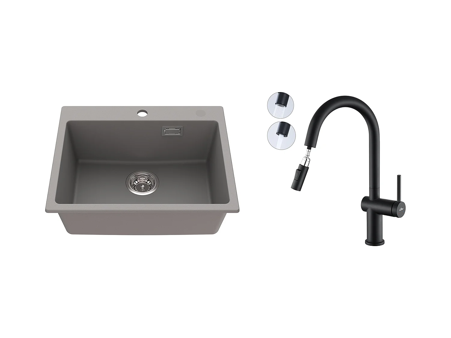 1 Bac Évier Cuisine en Granit,55*45*20cm,Kit de Vidage,Gris +robinet de cuisine rétractable à deux fonctions, Noir
