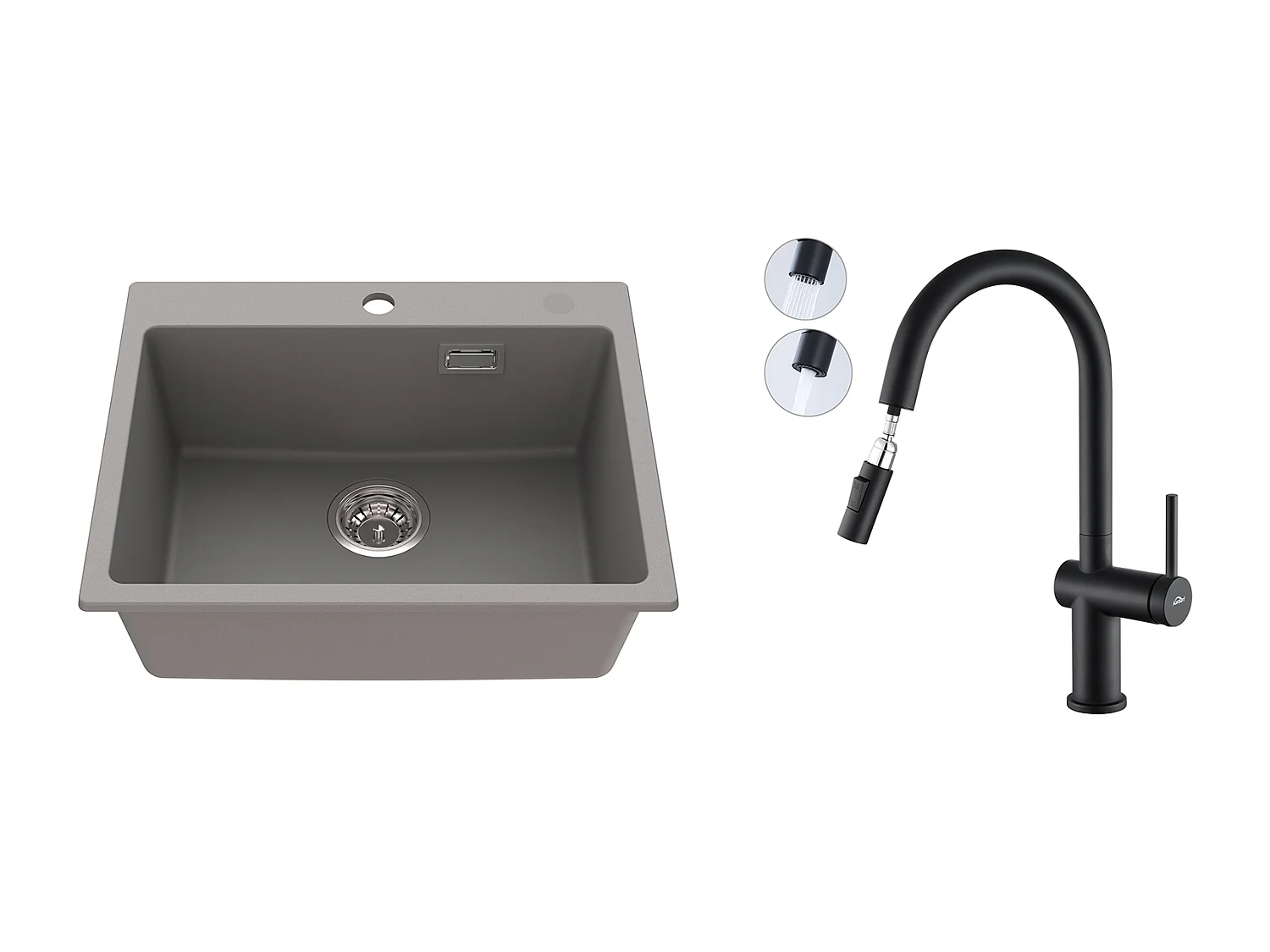 1 Bac Évier Cuisine en Granit,55*45*20cm,Kit de Vidage,Gris +robinet de cuisine rétractable à deux fonctions, Noir