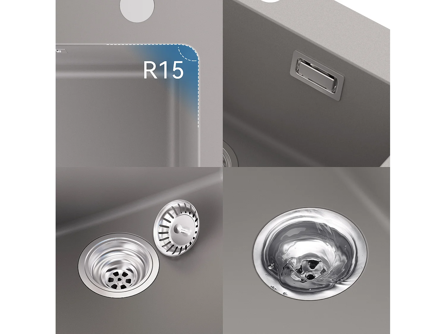 1 Bac Évier Cuisine en Granit,55*45*20cm,Kit de Vidage,Gris +robinet de cuisine rétractable à deux fonctions, Noir