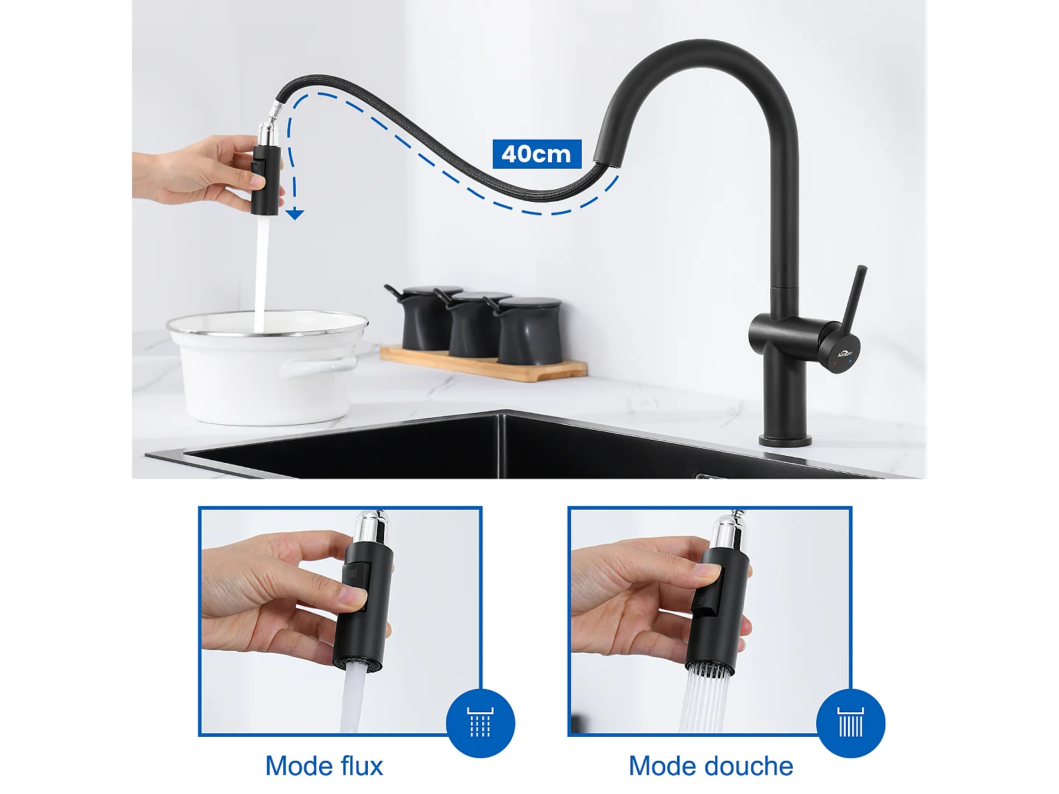 1 Bac Évier Cuisine en Granit,55*45*20cm,Kit de Vidage,Gris +robinet de cuisine rétractable à deux fonctions, Noir