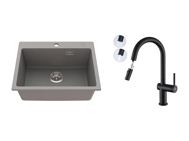 1 Bac Évier Cuisine en Granit,55*45*20cm,Kit de Vidage,Gris +robinet de cuisine rétractable à deux fonctions, Noir