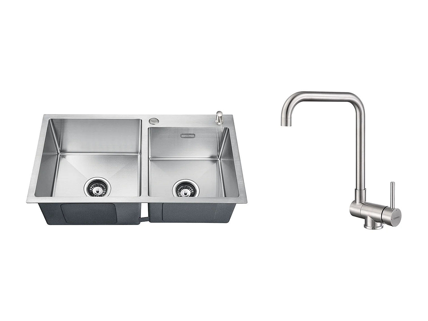 2-in-1 Küchenspüle 2 Becken 75x45x19cm, Einbau-/Aufputzspüle mit Seifenspender + 360° schwenkbarer, klappbarer Küchenmischhahn für heißes und kaltes Wasser