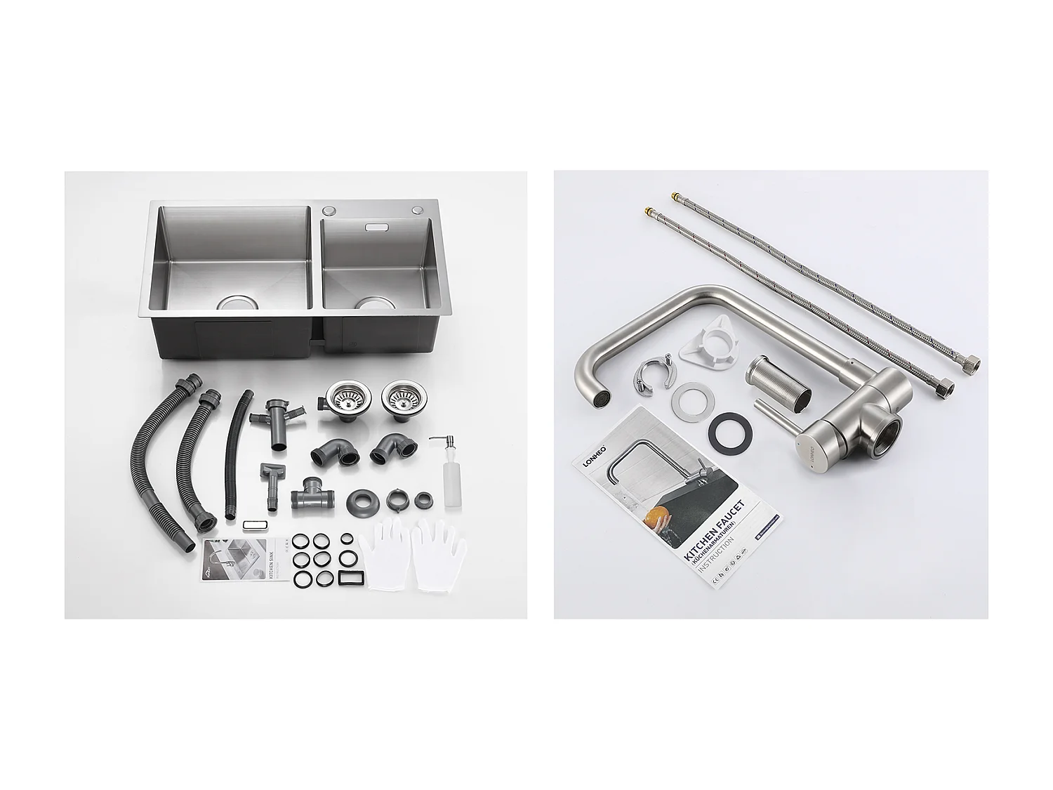 2-in-1 Küchenspüle 2 Becken 75x45x19cm, Einbau-/Aufputzspüle mit Seifenspender + 360° schwenkbarer, klappbarer Küchenmischhahn für heißes und kaltes Wasser
