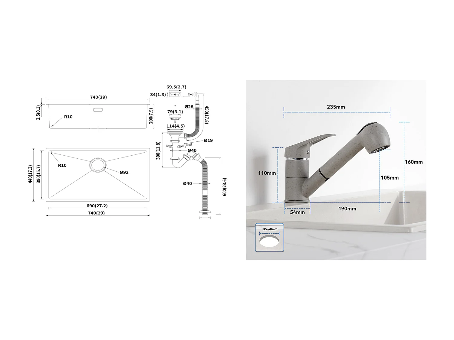 Fregadero Cocina 1 Bandeja 74*44*20CM 304 Inox,con Sifón y Trop-Plein+Grifo Cocina con Ducha Extraíble 2 Jets,Agua Fría y Caliente,Gris
