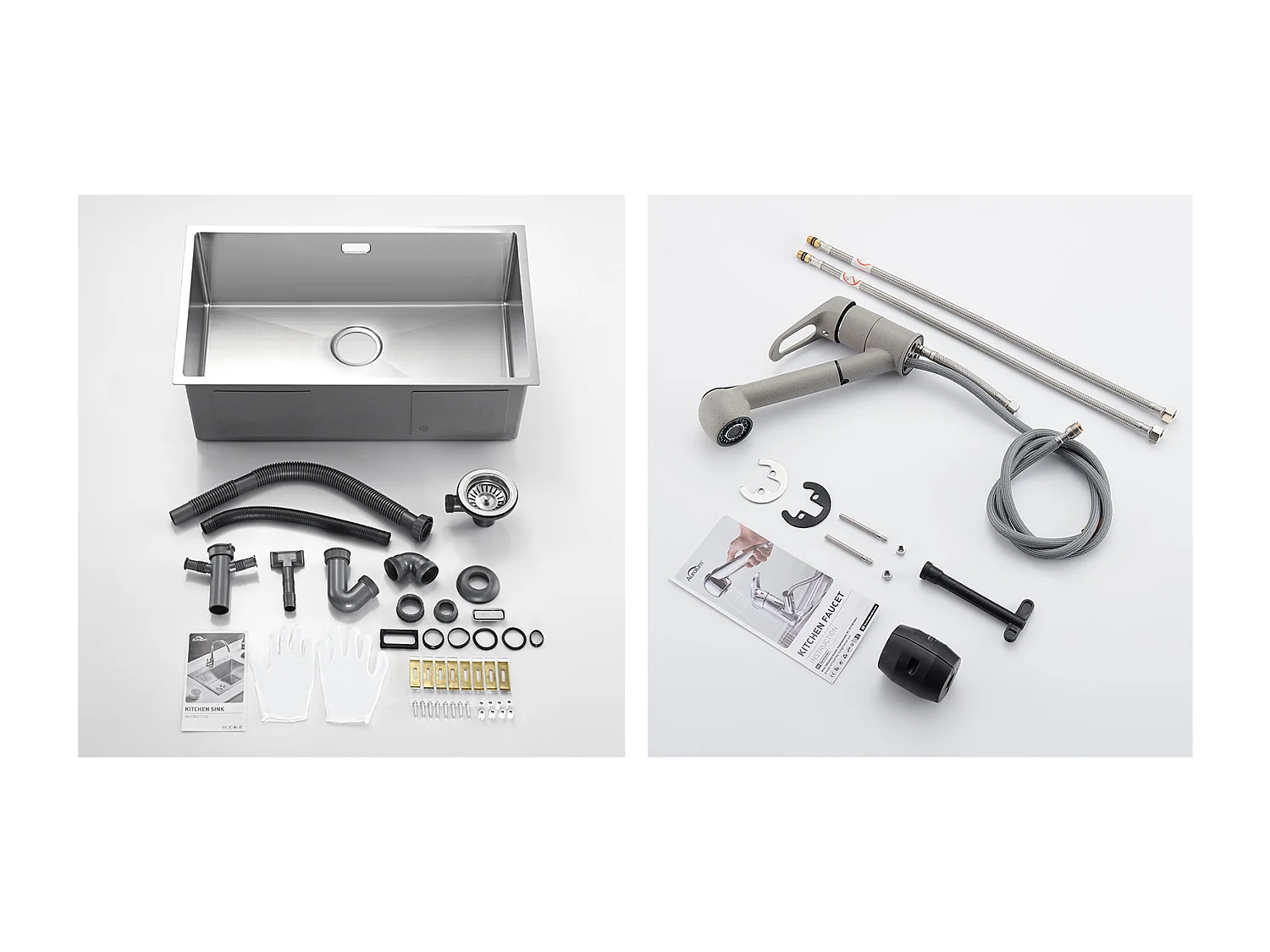 Fregadero Cocina 1 Bandeja 74*44*20CM 304 Inox,con Sifón y Trop-Plein+Grifo Cocina con Ducha Extraíble 2 Jets,Agua Fría y Caliente,Gris