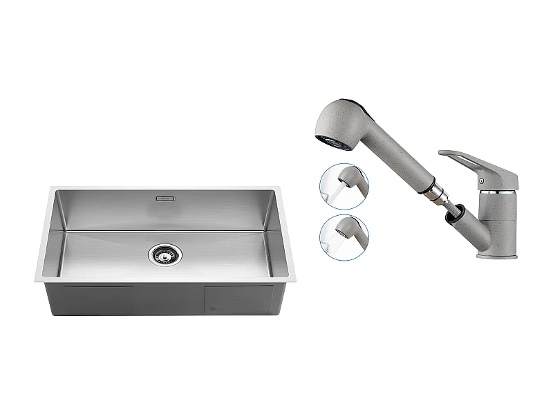 Fregadero Cocina 1 Bandeja 74*44*20CM 304 Inox,con Sifón y Trop-Plein+Grifo Cocina con Ducha Extraíble 2 Jets,Agua Fría y Caliente,Gris