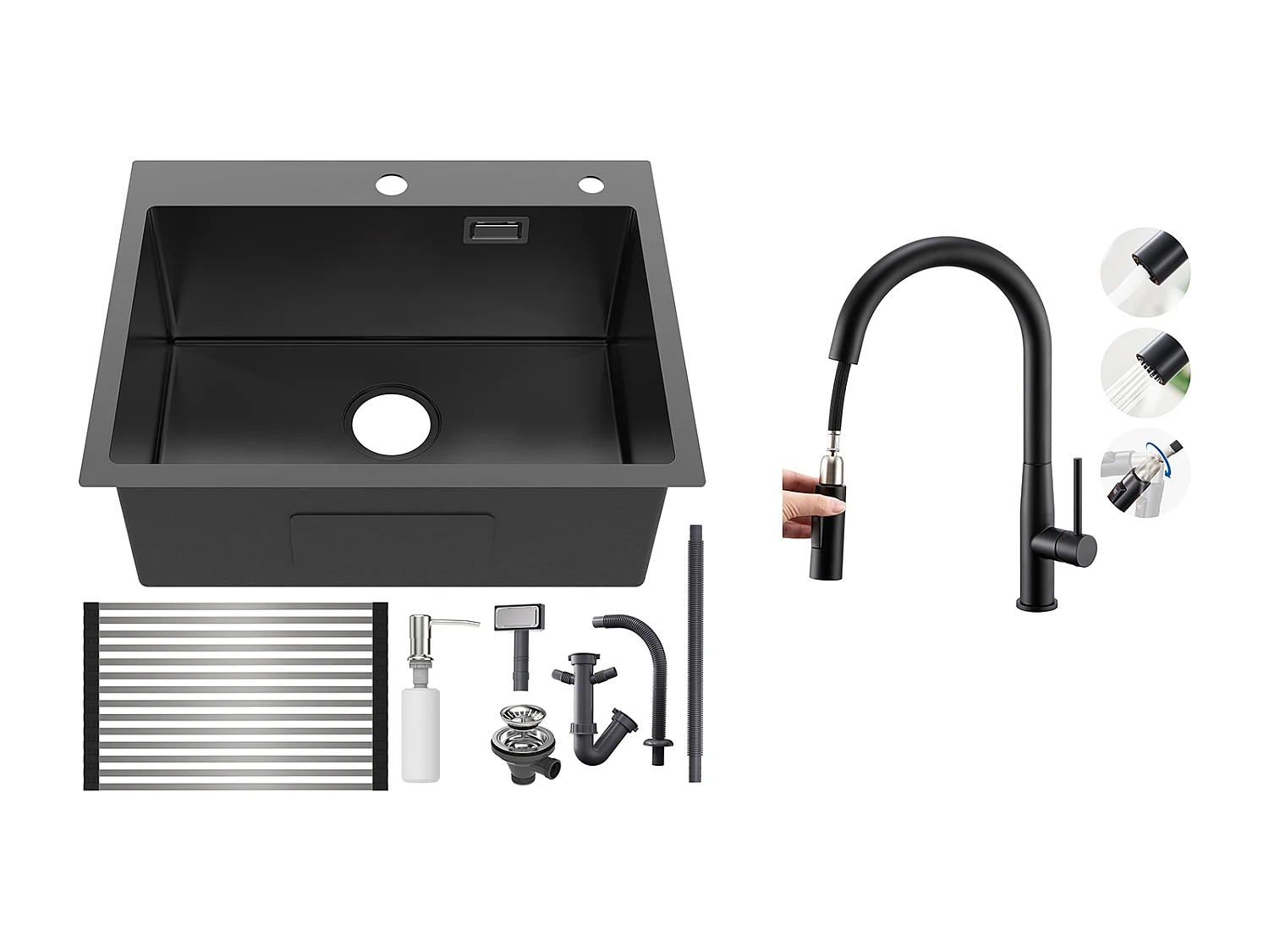 Évier Cuisine1Bac 58*45*18CM,avec Egouttoir évier Enroulable/Distributeur Savon+Robinet Cuisine avecDouchette Extractible 2 Modes Jets ,Noir