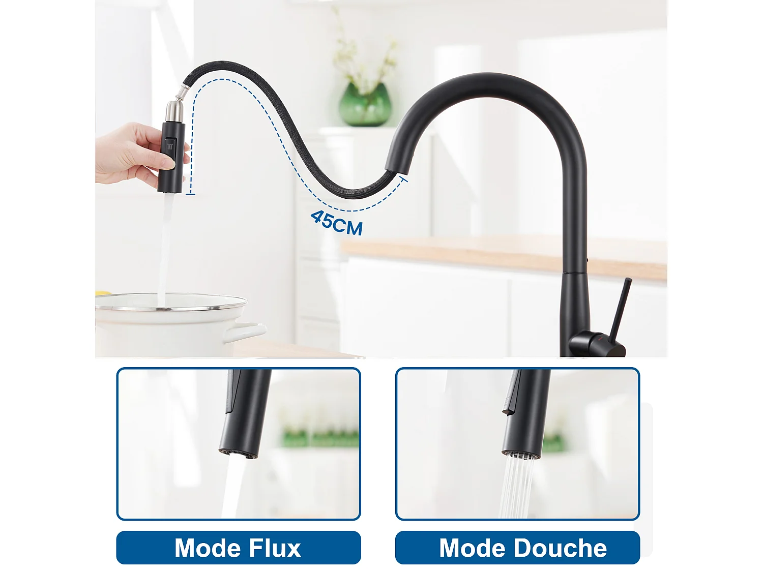 Évier Cuisine1Bac 58*45*18CM,avec Egouttoir évier Enroulable/Distributeur Savon+Robinet Cuisine avecDouchette Extractible 2 Modes Jets ,Noir