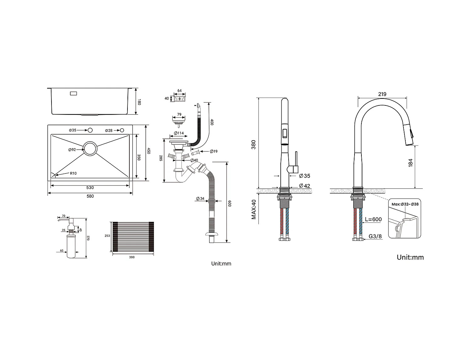Fregadero Cocina1Bac 58*45*18CM,con Escurridor Fregadero Enrollable/Distribuidor Jabón+Grifero Cocina conDucha Extraíble 2 Modos Jets, Negro