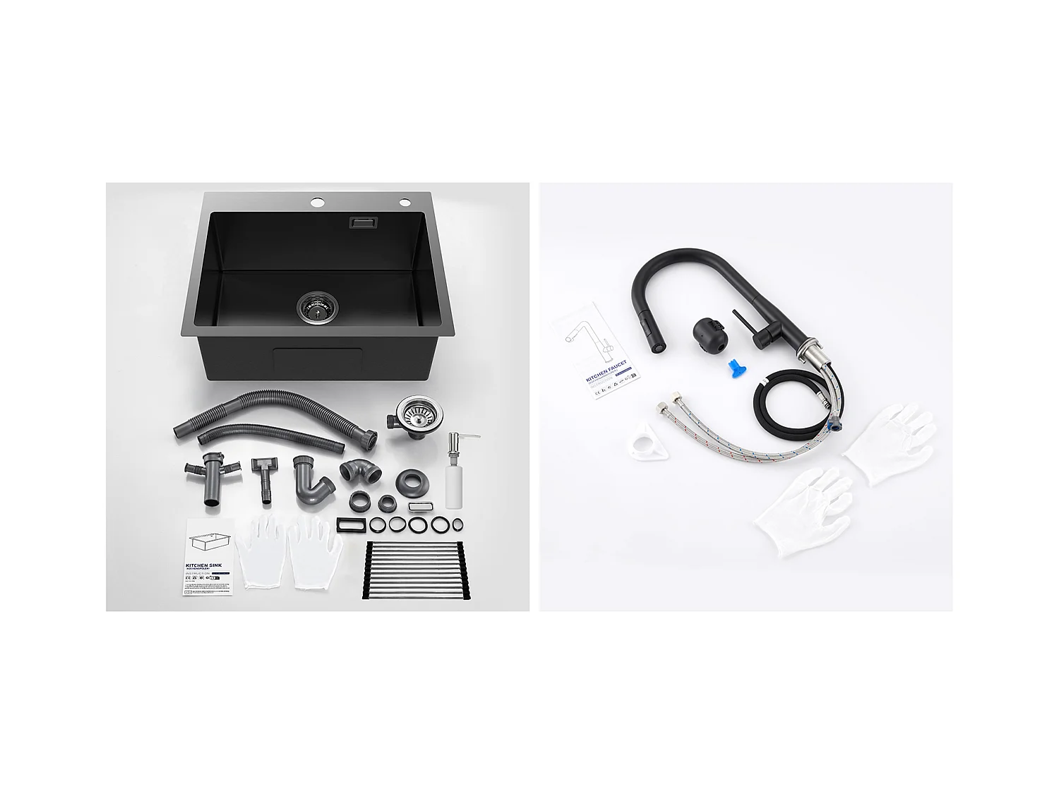 Fregadero Cocina1Bac 58*45*18CM,con Escurridor Fregadero Enrollable/Distribuidor Jabón+Grifero Cocina conDucha Extraíble 2 Modos Jets, Negro