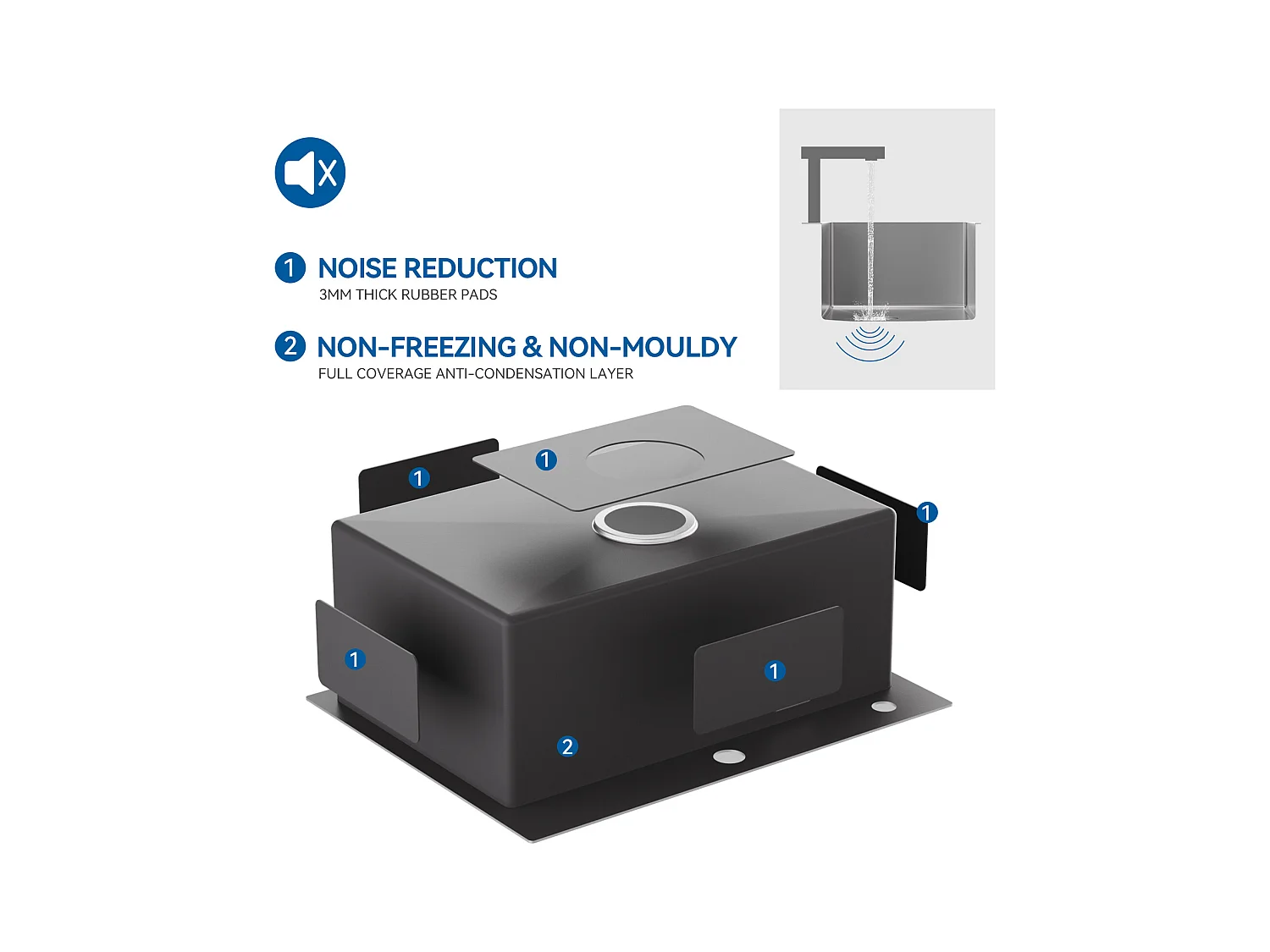 Fregadero Cocina1Bac 58*45*18CM,con Escurridor Fregadero Enrollable/Distribuidor Jabón+Grifero Cocina conDucha Extraíble 2 Modos Jets, Negro