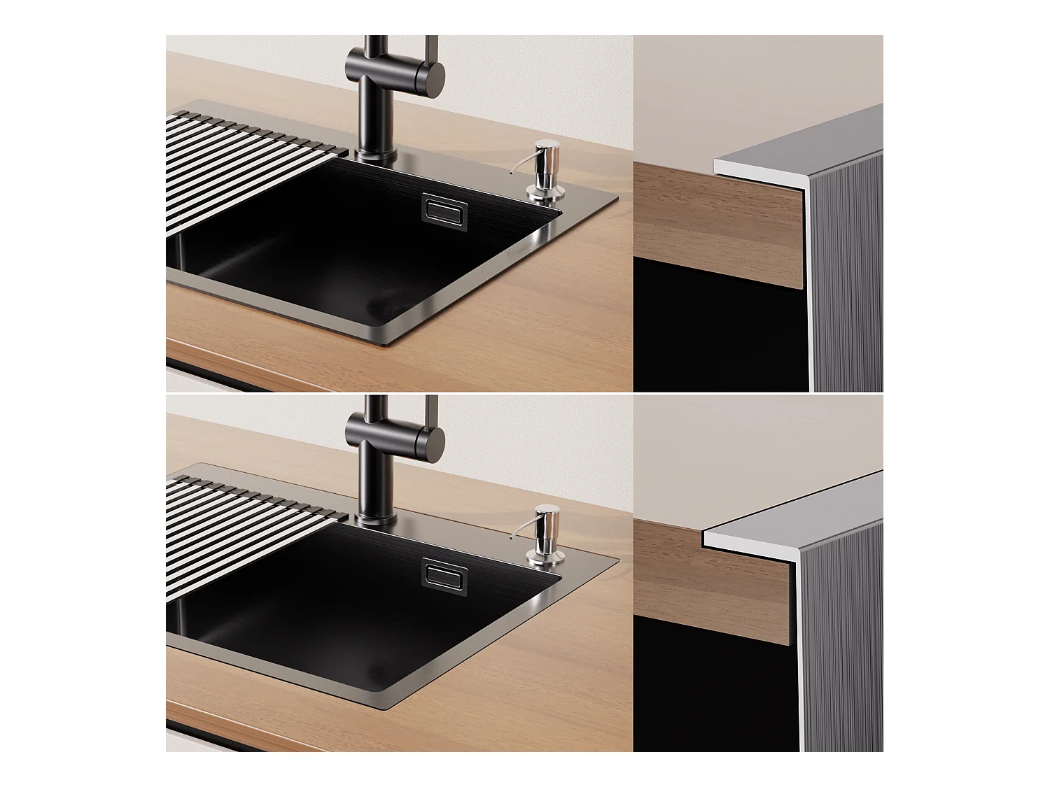 Fregadero Cocina1Bac 58*45*18CM,con Escurridor Fregadero Enrollable/Distribuidor Jabón+Grifero Cocina conDucha Extraíble 2 Modos Jets, Negro