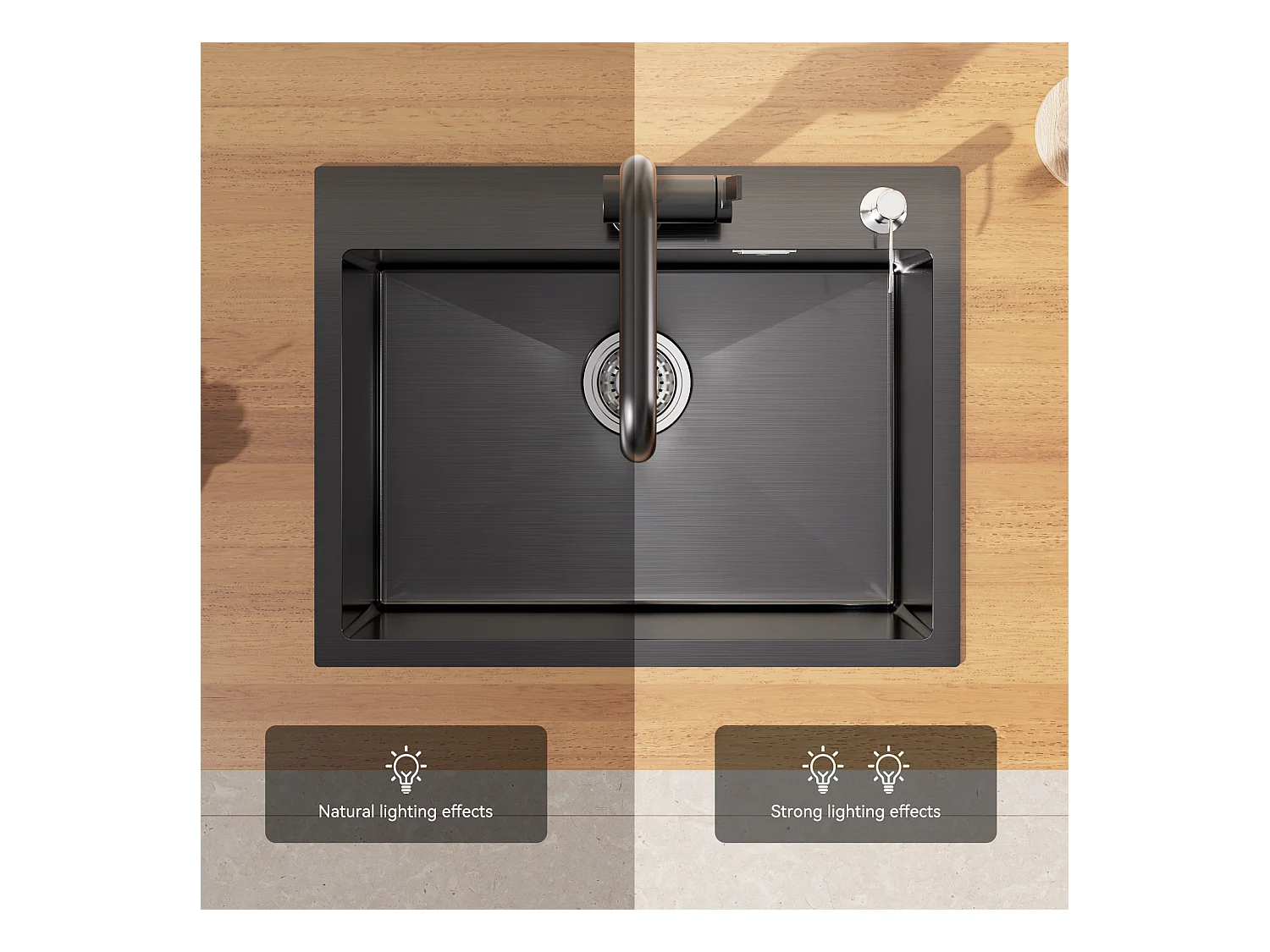 Fregadero Cocina1Bac 58*45*18CM,con Escurridor Fregadero Enrollable/Distribuidor Jabón+Grifero Cocina conDucha Extraíble 2 Modos Jets, Negro