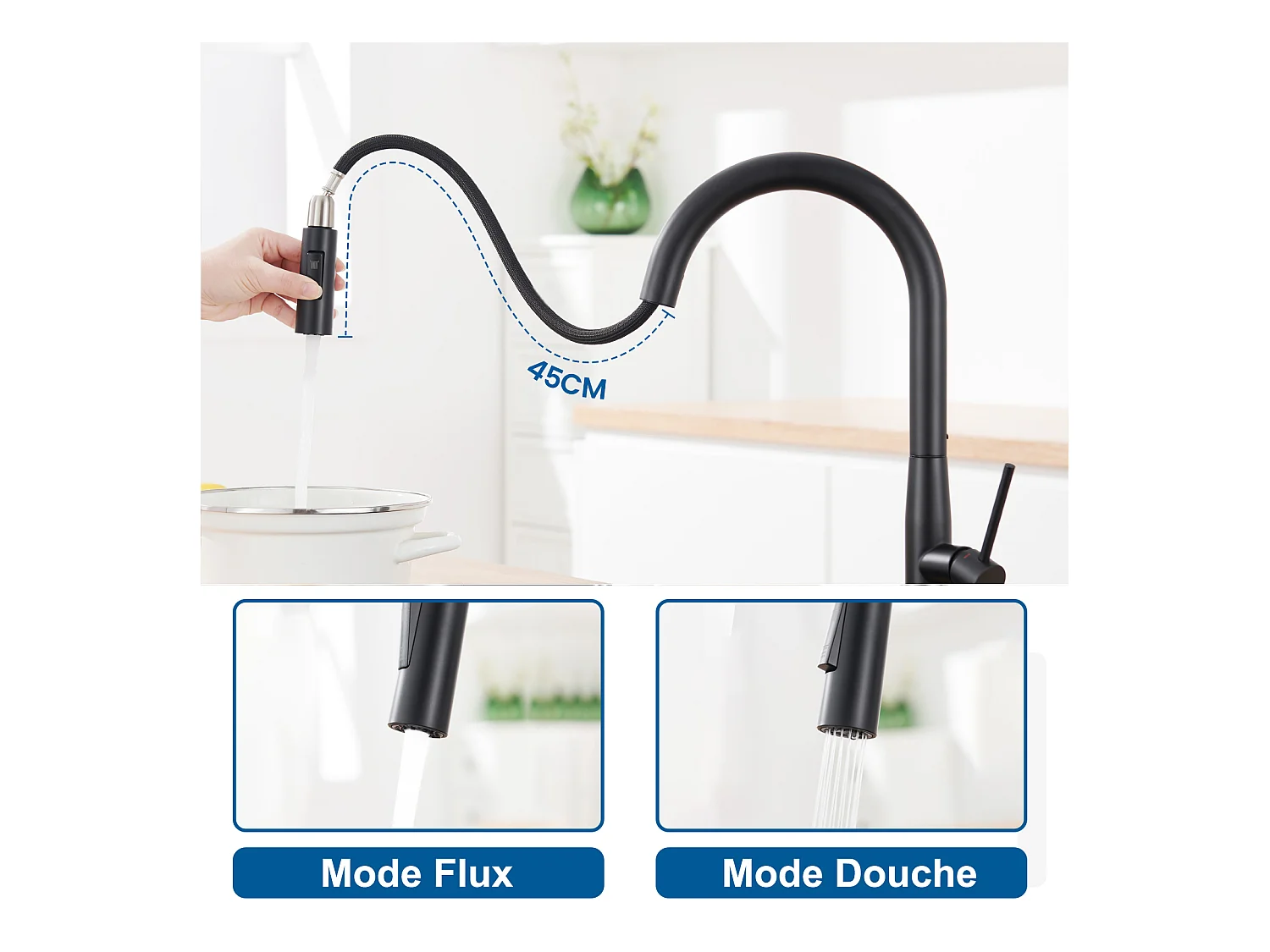 Fregadero Cocina1Bac 58*45*18CM,con Escurridor Fregadero Enrollable/Distribuidor Jabón+Grifero Cocina conDucha Extraíble 2 Modos Jets, Negro