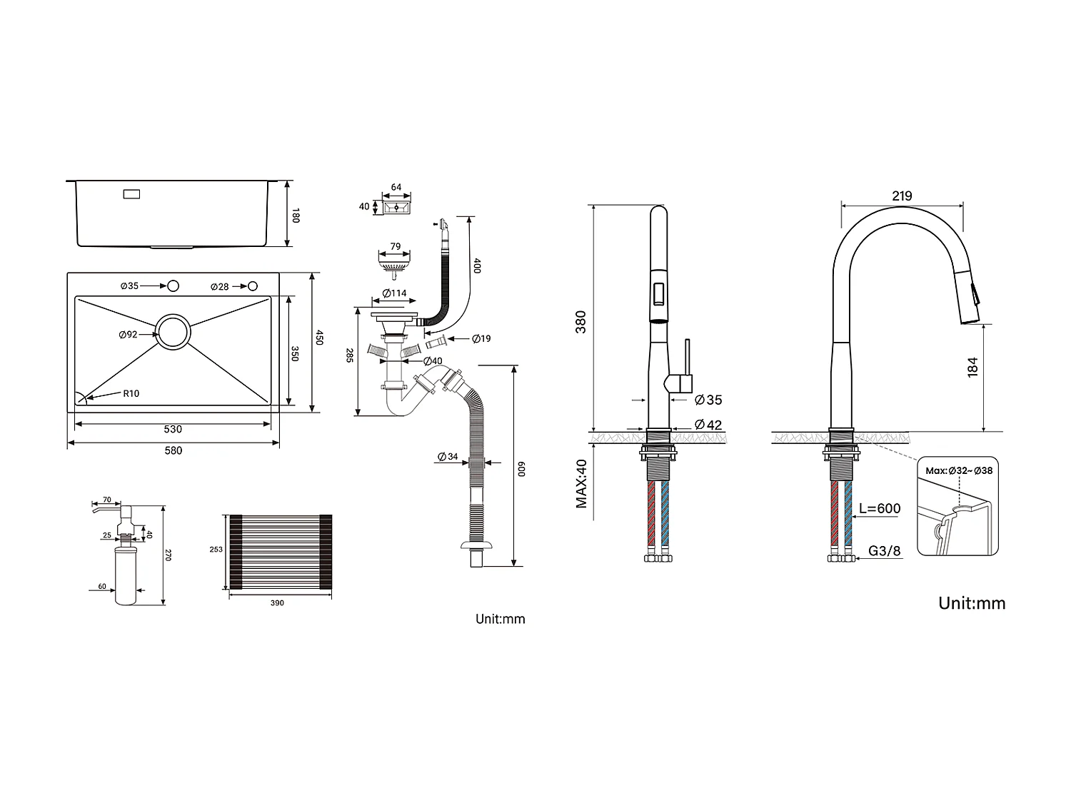 Évier Cuisine1Bac 58*45*18CM,avec Egouttoir évier Enroulable/Distributeur Savon+Robinet Cuisine avecDouchette Extractible 2 Modes Jets ,Noir