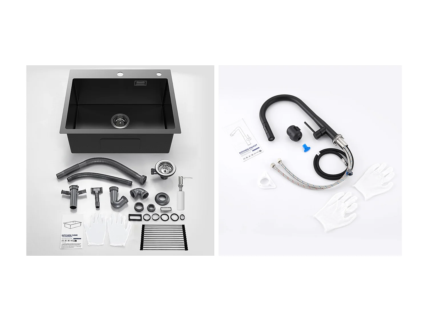 Évier Cuisine1Bac 58*45*18CM,avec Egouttoir évier Enroulable/Distributeur Savon+Robinet Cuisine avecDouchette Extractible 2 Modes Jets ,Noir