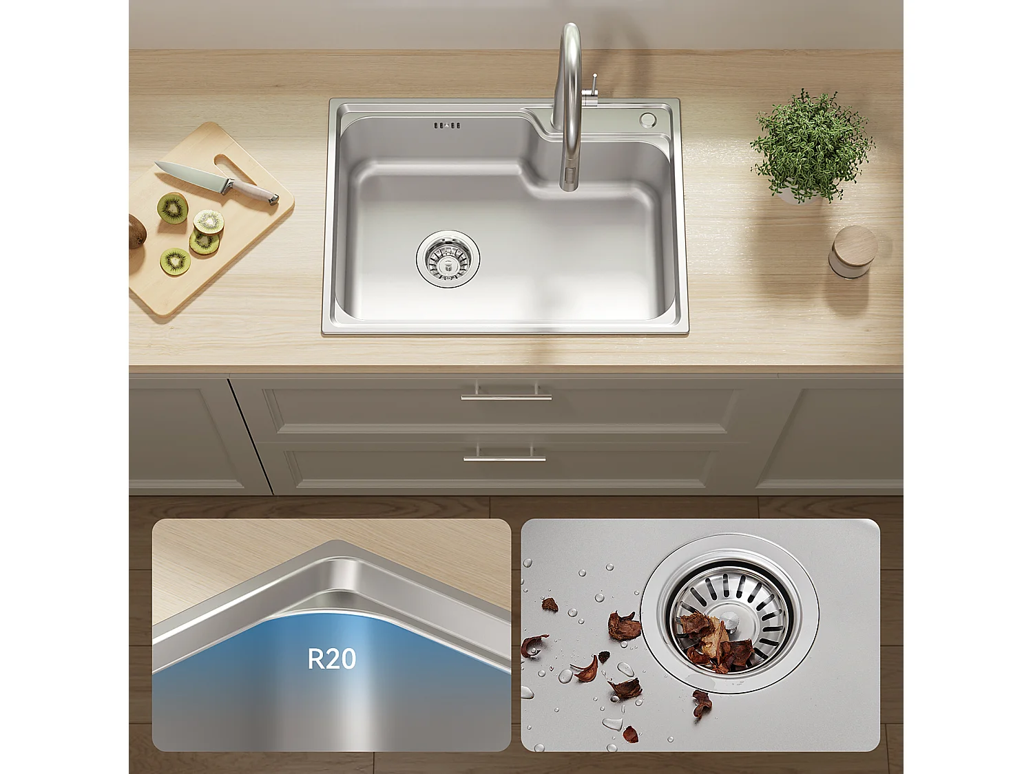 AuralumMax Évier Cuisine 1 Bac 62*45*21CM,en Inox PVD Nano Vasque à Poser,Argent+Mitigeur Cuisine avec Douchette Extractible Gris Foncé Rotatif 360 °