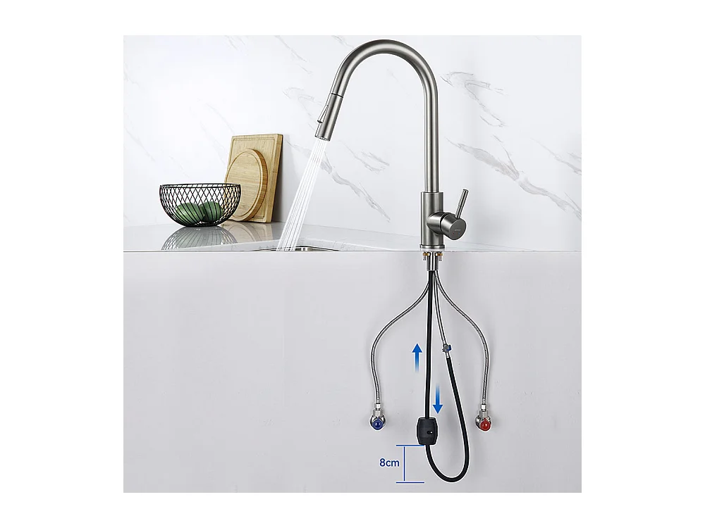 AuralumMax Évier Cuisine 1 Bac 62*45*21CM,en Inox PVD Nano Vasque à Poser,Argent+Mitigeur Cuisine avec Douchette Extractible Gris Foncé Rotatif 360 °