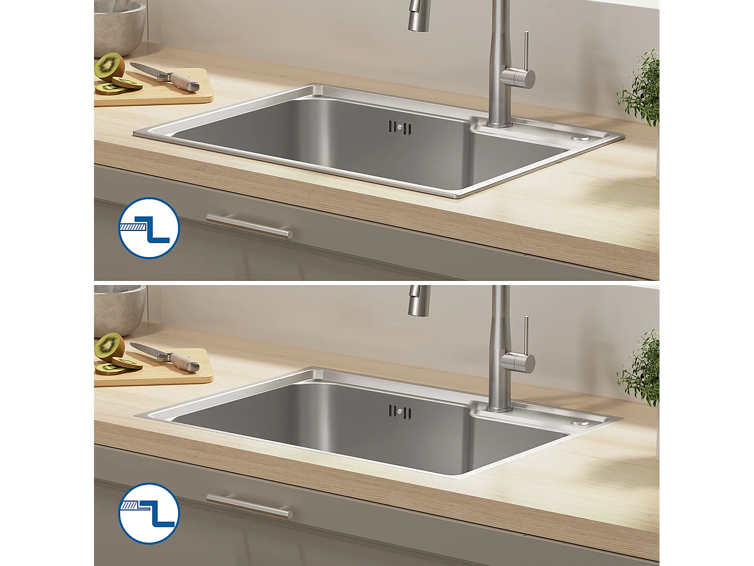 AuralumMax Aanrecht 1 Bak 62*45*21CM, RVS PVD Nano Opbouw Wastafel, Zilver + Keukenmengkraan met Uittrekbare Douchekop Donkergrijs 360 ° Draaibaar