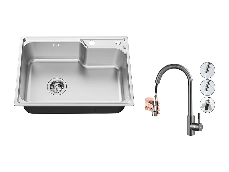 AuralumMax Évier Cuisine 1 Bac 62*45*21CM,en Inox PVD Nano Vasque à Poser,Argent+Mitigeur Cuisine avec Douchette Extractible Gris Foncé Rotatif 360 °