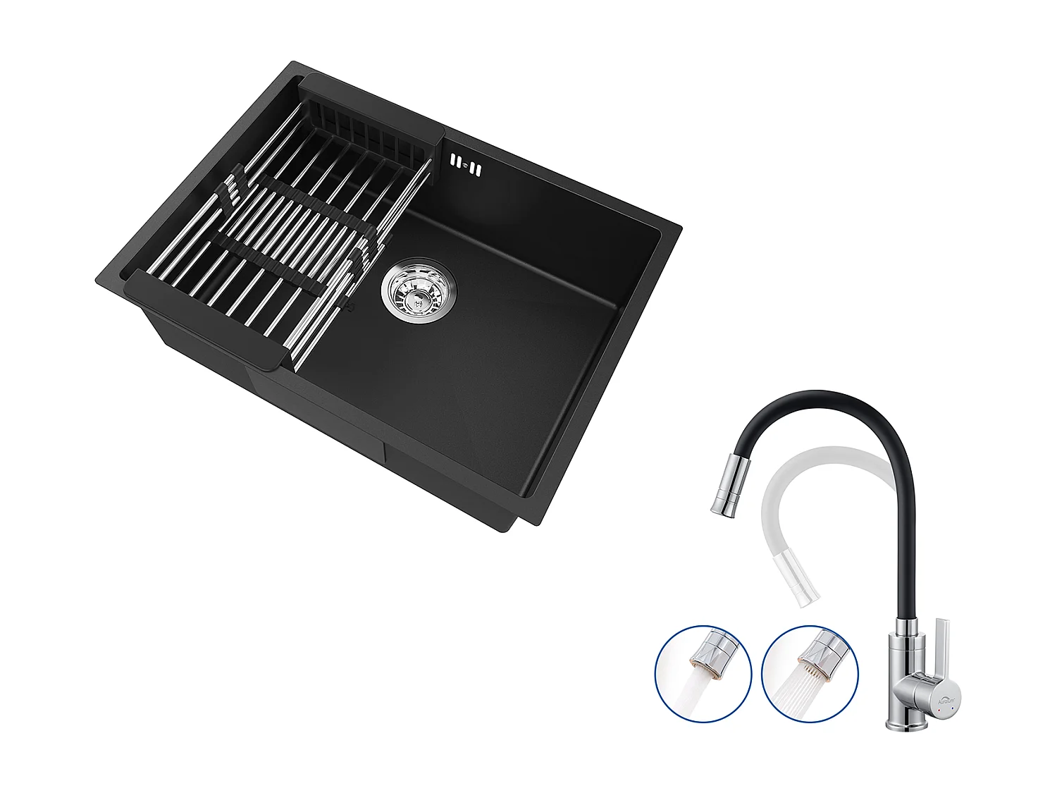 Auralum Max  Évier Cuisine 1 Bac 60*44*20CM,inox 304,à Encastrer avec Panier Drainage,Noir+Mitigeur Cuisine Noir Flexible,Rabattable, 2 Types Jets