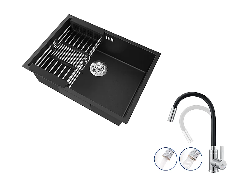 Auralum Max  Évier Cuisine 1 Bac 60*44*20CM,inox 304,à Encastrer avec Panier Drainage,Noir+Mitigeur Cuisine Noir Flexible,Rabattable, 2 Types Jets