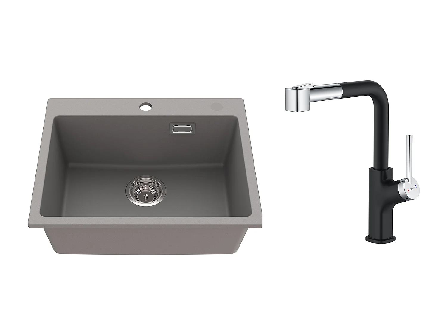 1 Vassoio Lavello Cucina in Granito,55*45*20cm,Kit di svuotamento,Grigio+ Rubinetto da Cucina in Acciaio Inox Estraibile Rotativo a 360 °