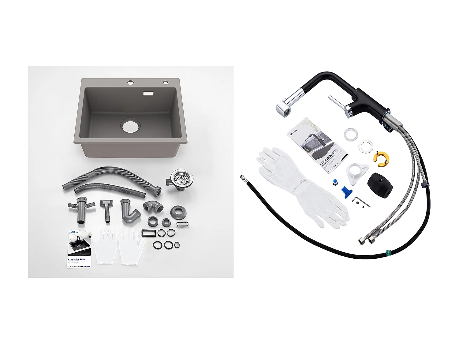 1 Bac Évier Cuisine en Granit,55*45*20cm,Kit de Vidage,Gris+ Robinet de Cuisine Inox Extractible Rotatif à 360 °