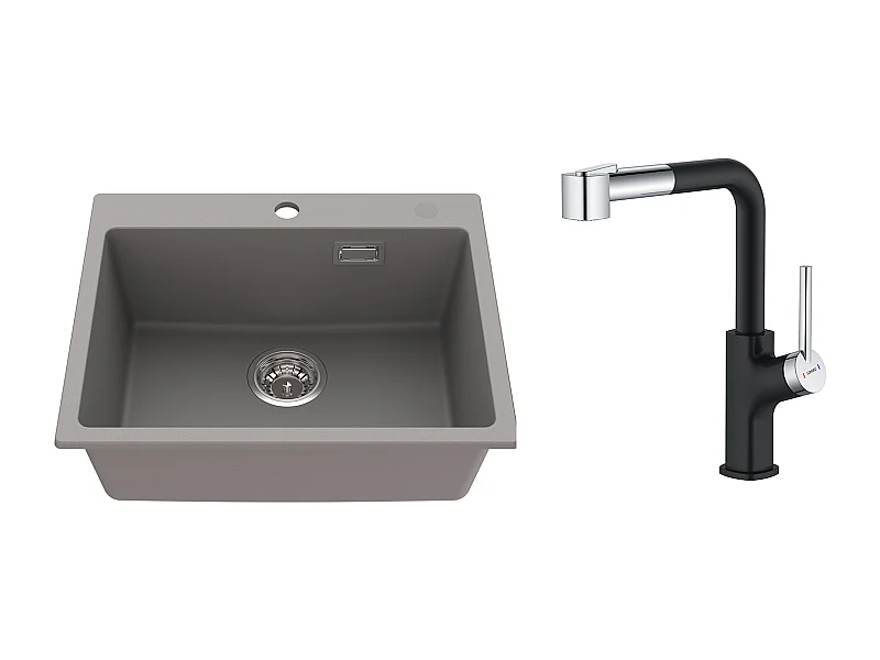 1 Granieten Aanrechtbak, 55*45*20cm, Afvoerset, Grijs+ RobinKeuken RVS Uittrekbaar 360 ° Draaibaar