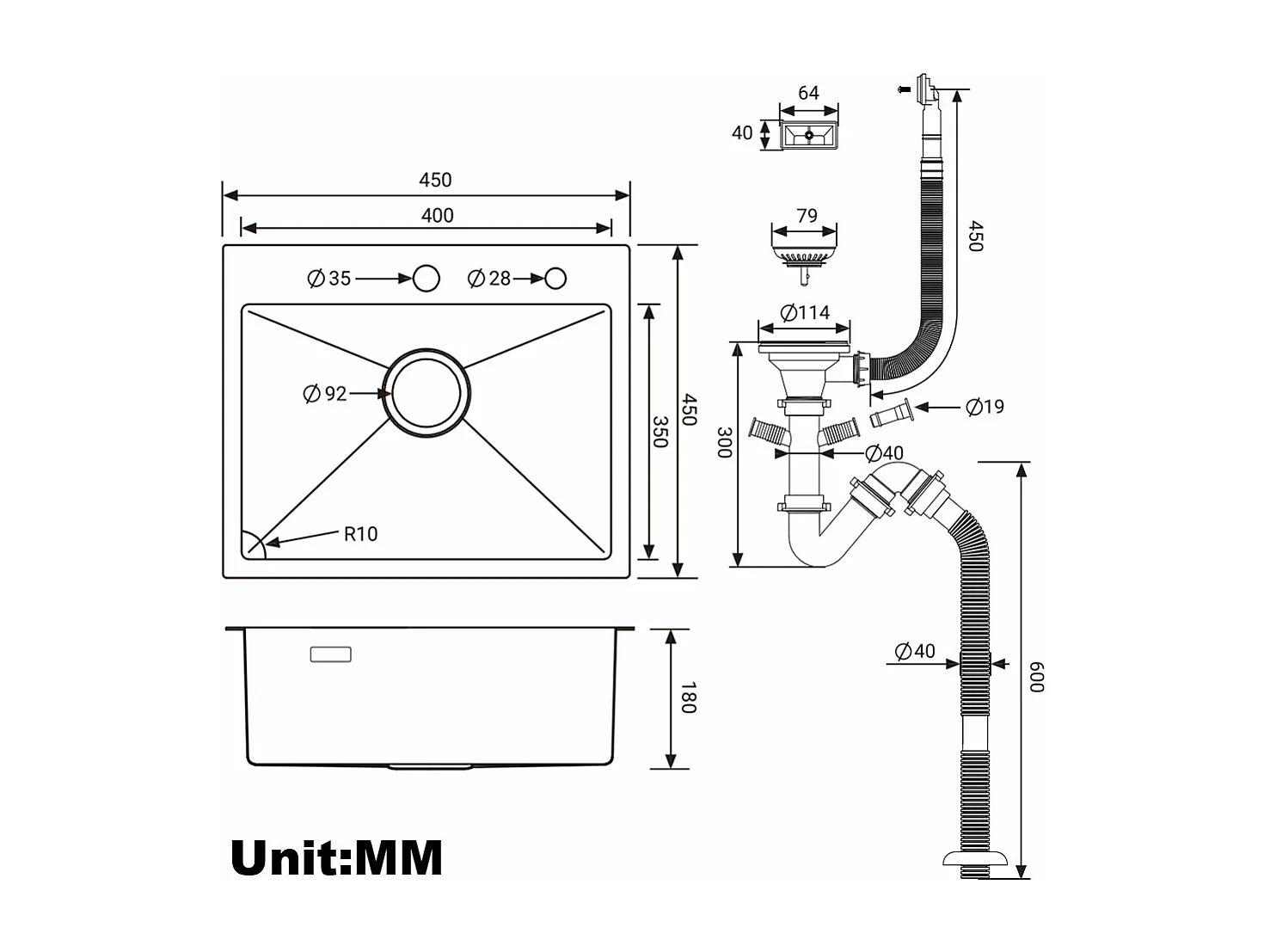 Évier Cuisine 1 Bac 45x45CM Acier Inoxydable 304 ,encastré et à Poser+Robinet Cuisine Douchette Extractible Deux Jets Pivotant 360° ，Brossé