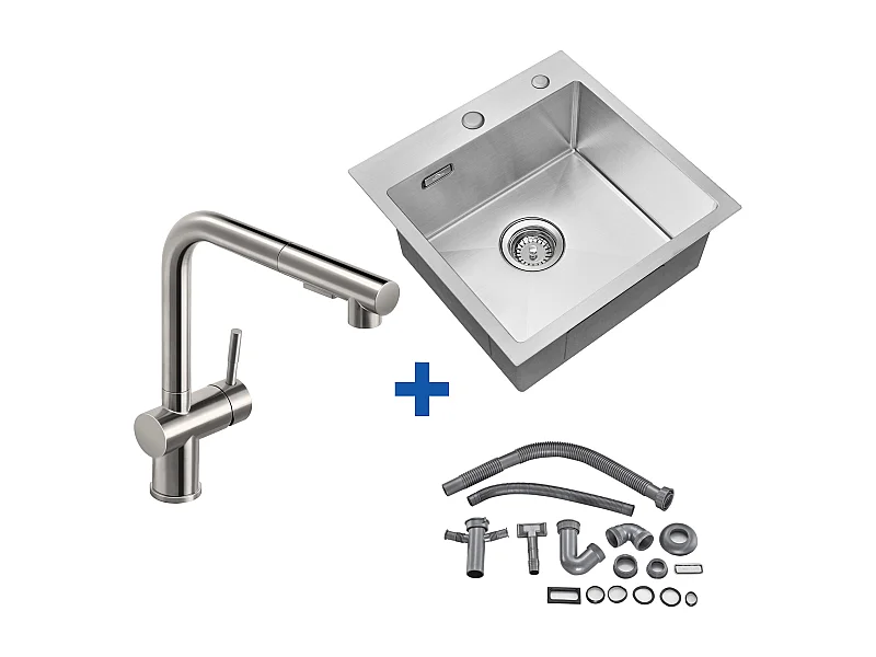 Aanrecht 1 Bak 45x45CM Roestvrij Staal 304, Inbouw en Opzetbaar + Keukenkraan Uittrekbare Handdouche Twee Jets Draaibaar 360° ，Geborsteld