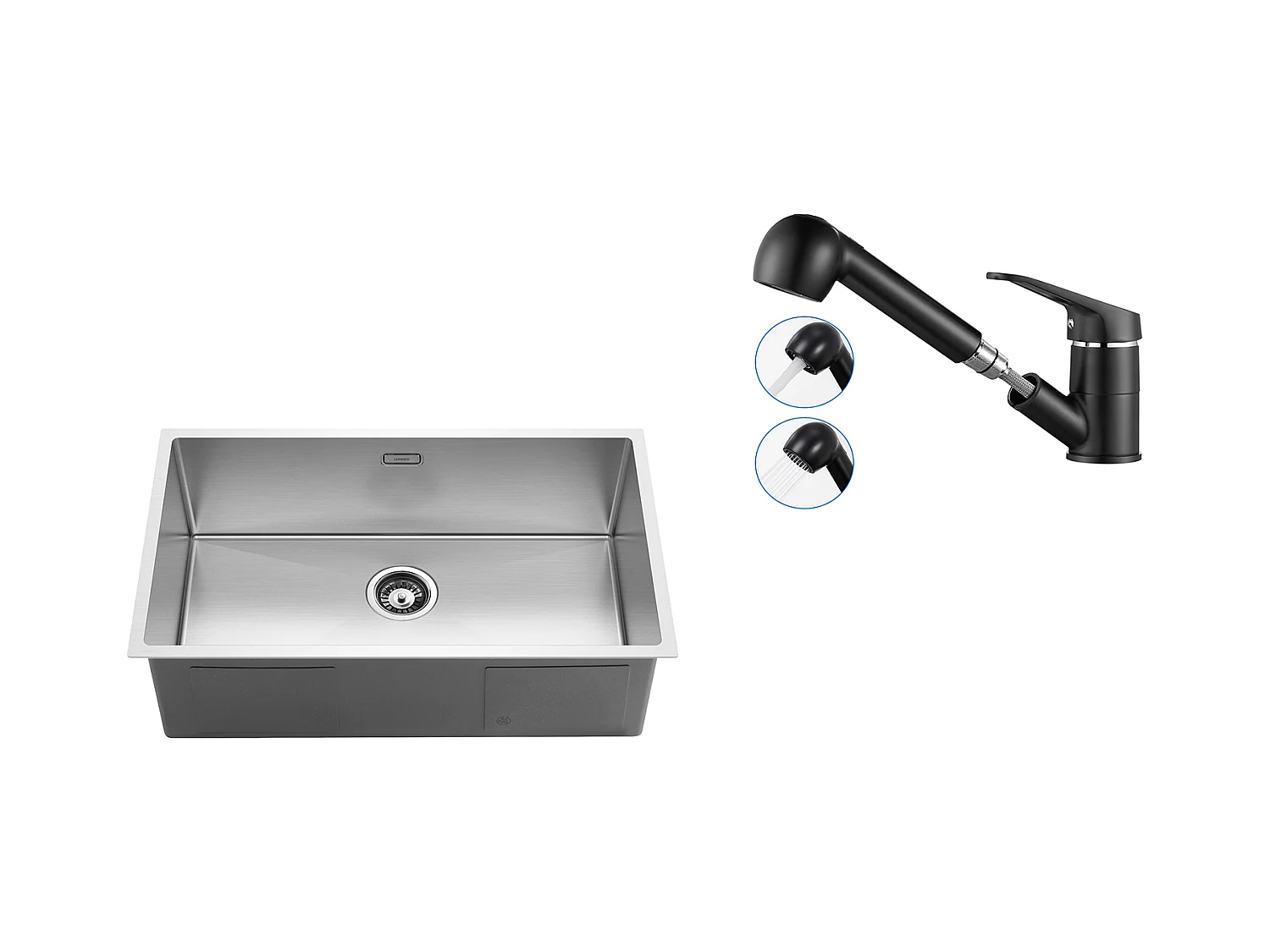 Évier Cuisine 1 Bac 74*44*20CM 304 Inox Évier Brossé avec Siphon et Trop-Plein+Robinet Cuisine Noir avec Douchette Extractible 2 Jets à 360°