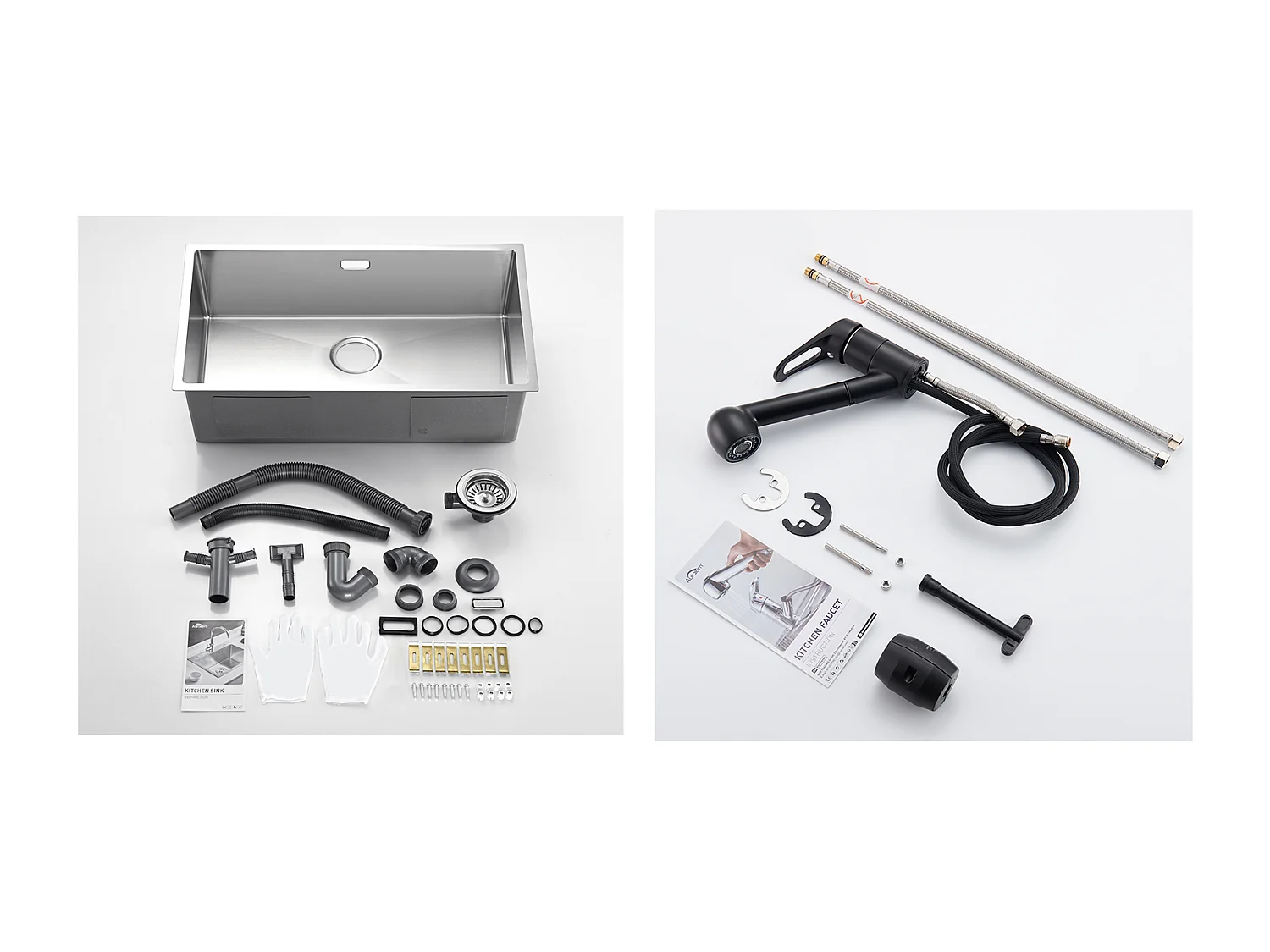 Évier Cuisine 1 Bac 74*44*20CM 304 Inox Évier Brossé avec Siphon et Trop-Plein+Robinet Cuisine Noir avec Douchette Extractible 2 Jets à 360°