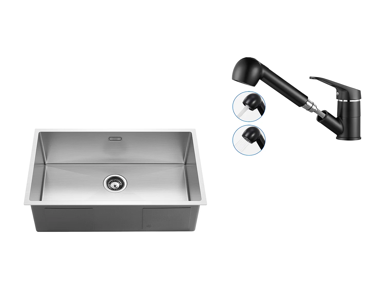 Évier Cuisine 1 Bac 74*44*20CM 304 Inox Évier Brossé avec Siphon et Trop-Plein+Robinet Cuisine Noir avec Douchette Extractible 2 Jets à 360°