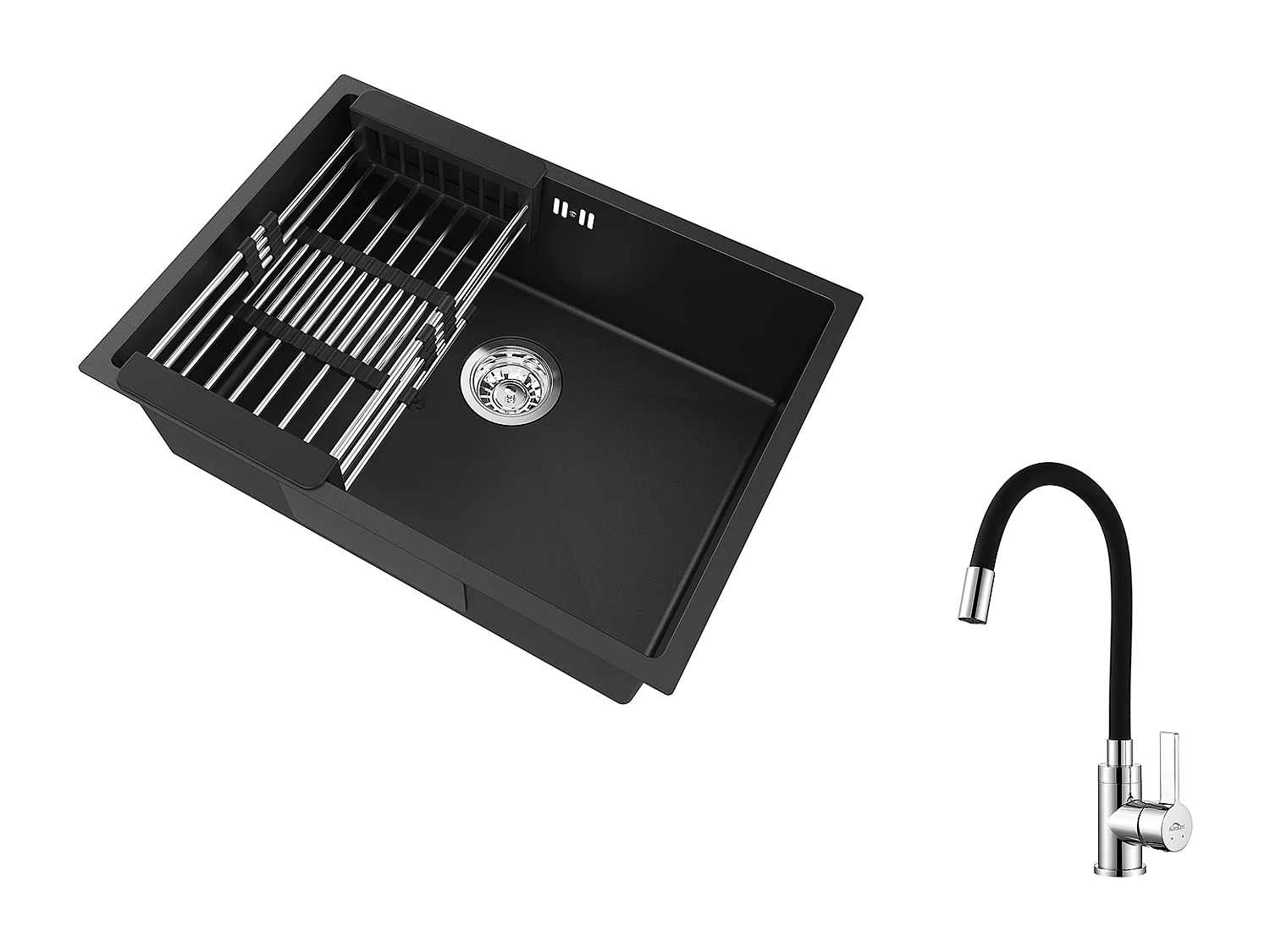 Auralum Max  Évier Cuisine 1 Bac 60*44*20CM,inox 304,à Encastrer/sous-plan avec Panier Drainage,Noir+Mitigeur Évier avec Bec Flexible,Rabattable