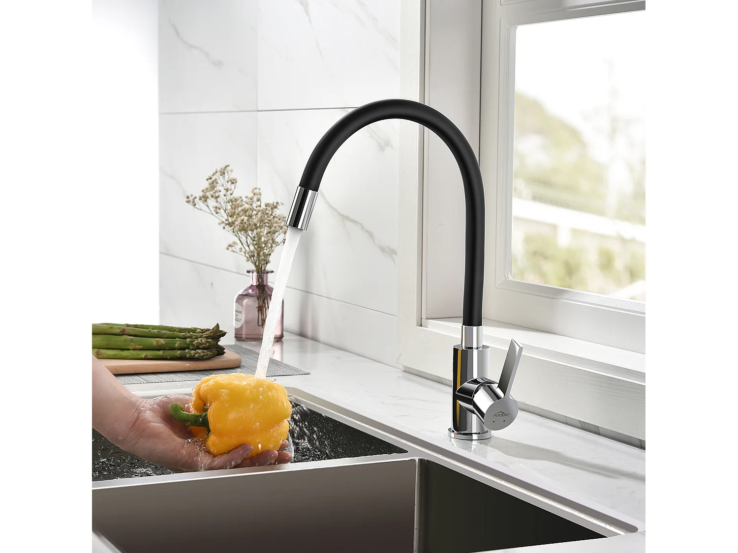 Auralum Max  Évier Cuisine 1 Bac 60*44*20CM,inox 304,à Encastrer/sous-plan avec Panier Drainage,Noir+Mitigeur Évier avec Bec Flexible,Rabattable