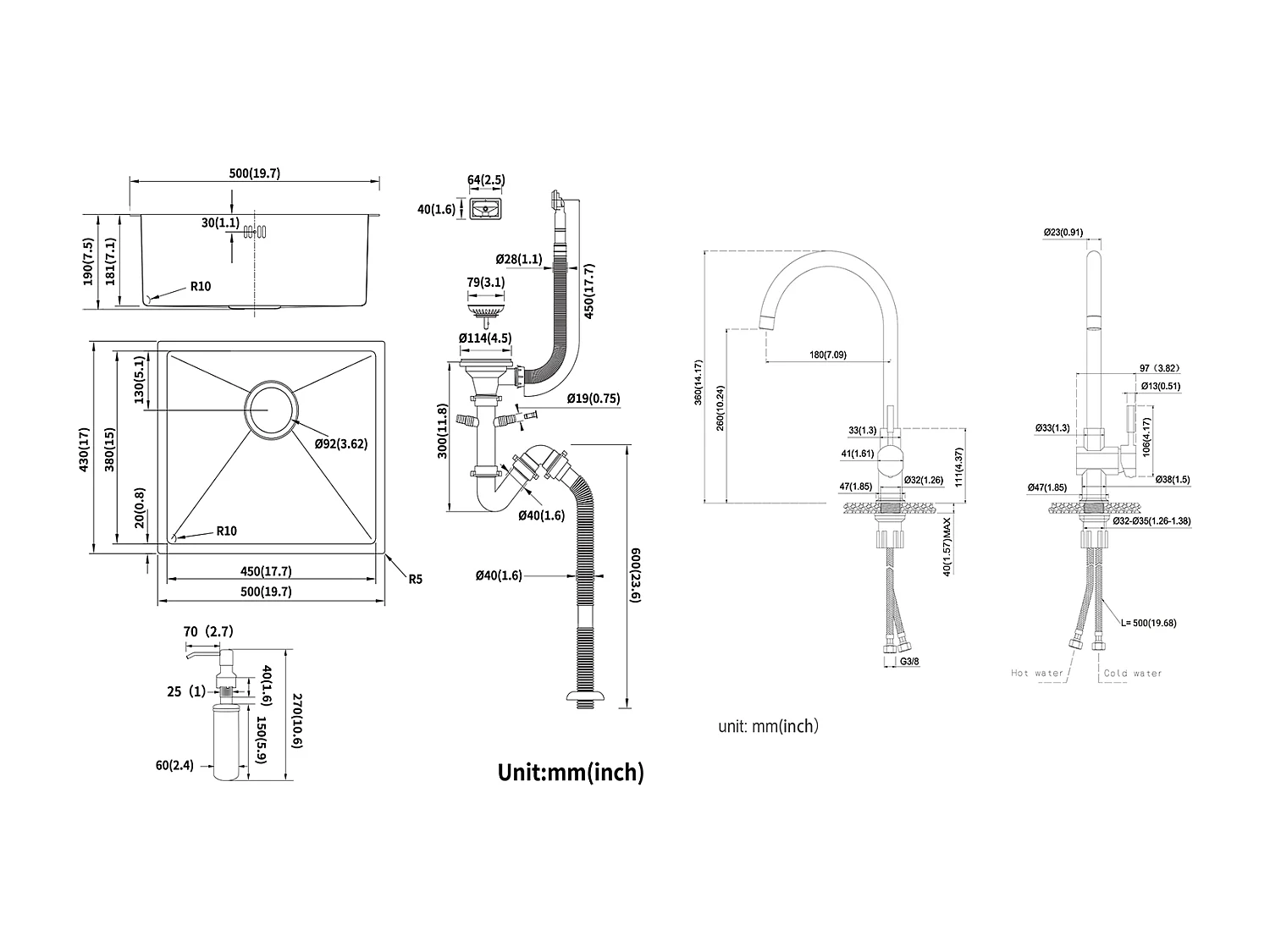 Zwarte Wastafel 1 Bak 50x43x18,5CM, Roestvrij Staal, met Zeep Distructor + Verchroomde Keukenkraan 360° Draaibaar Koud/Warm Water