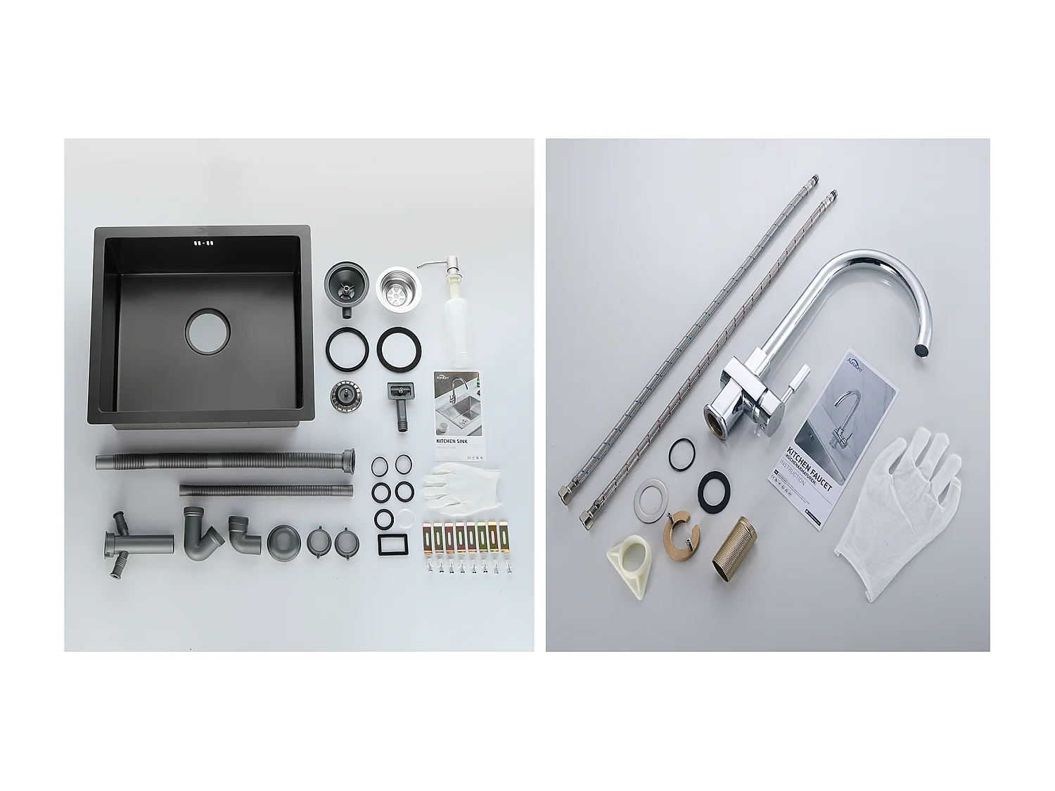 Zwarte Wastafel 1 Bak 50x43x18,5CM, Roestvrij Staal, met Zeep Distructor + Verchroomde Keukenkraan 360° Draaibaar Koud/Warm Water