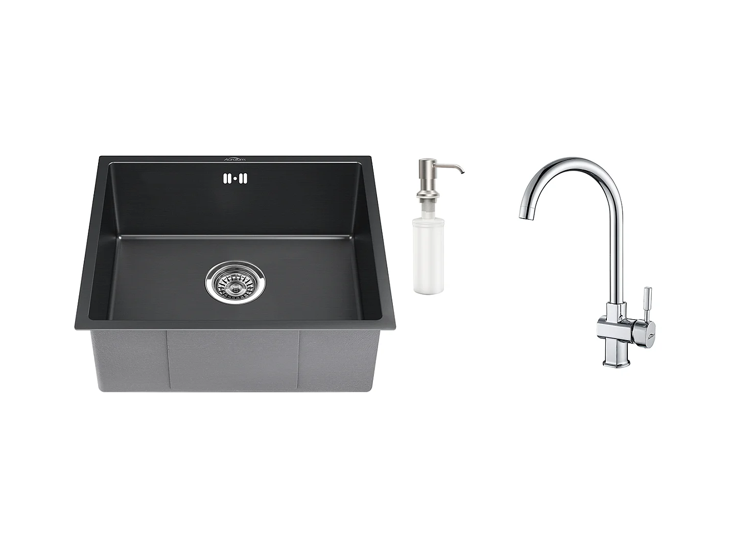 Évier Noir 1 Bac 50x43x18,5CM,Acier Inoxydable, avec Distrubuteur de savon + Robinet de Cuisine Chromé Pivotant à 360°  Eau Froide/Chaude