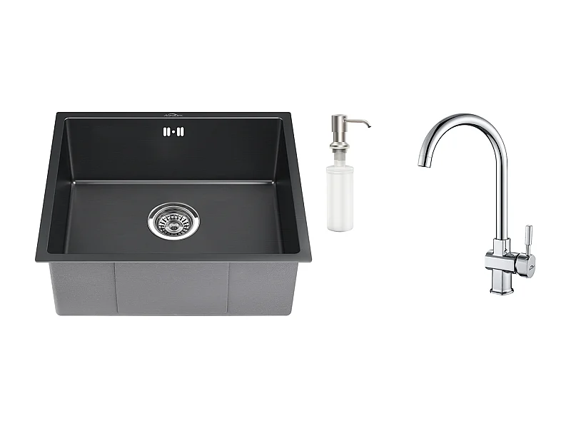 Évier Noir 1 Bac 50x43x18,5CM,Acier Inoxydable, avec Distrubuteur de savon + Robinet de Cuisine Chromé Pivotant à 360°  Eau Froide/Chaude