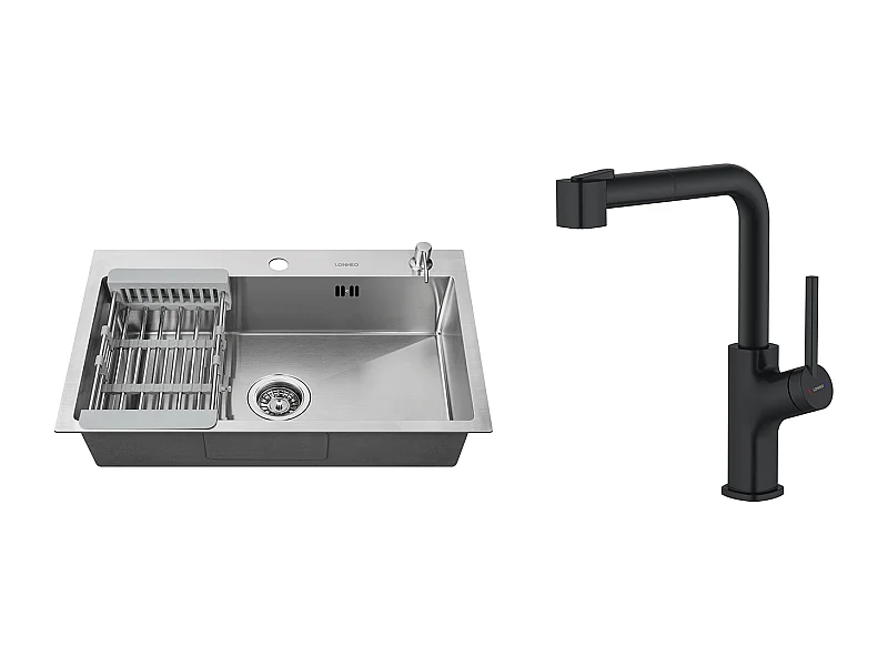 2 en1 Fregadero Cocina Cepillado 68x45x19CM con Distributor Jabón Escurridor Cesta+ Grifo de Cocina Negro con Ducha Extragible