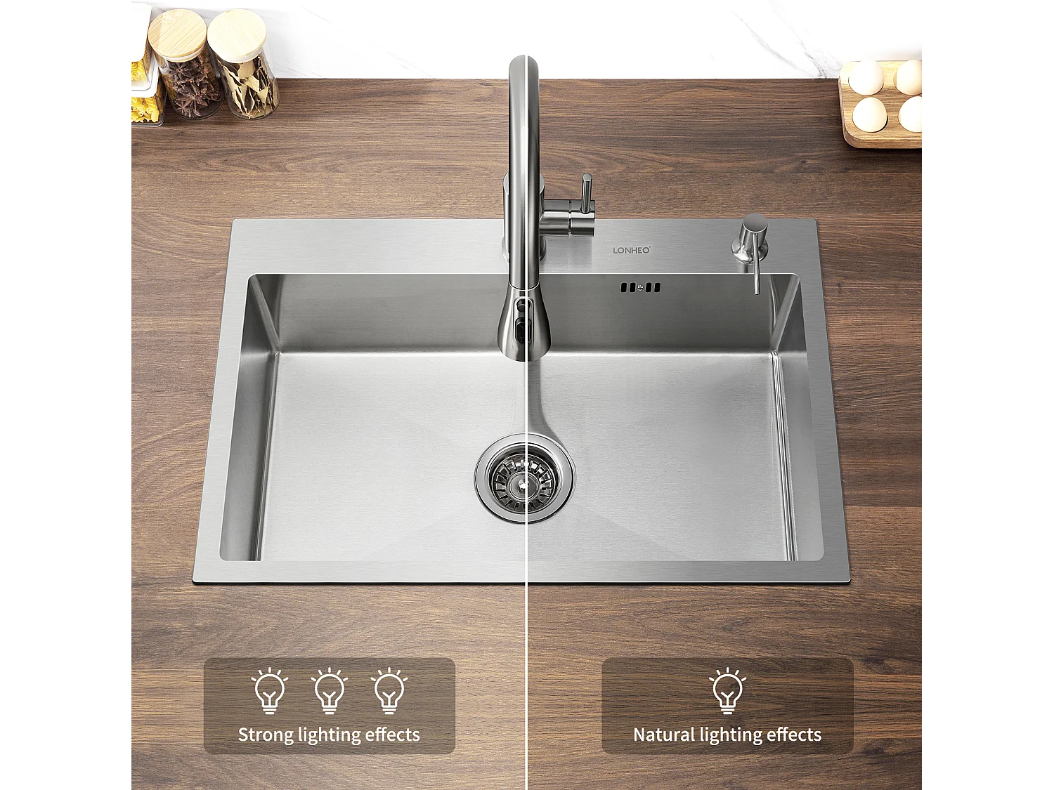 2 en1 Fregadero Cocina Cepillado 68x45x19CM con Distributor Jabón Escurridor Cesta+ Grifo de Cocina Negro con Ducha Extragible