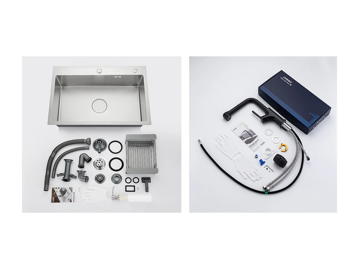 2 en1 Évier Cuisine Brossé 68x45x19CM avec Distrubuteur savon Égouttoir Panier+ Robinet de Cuisine Noir avec Douchette Extractible