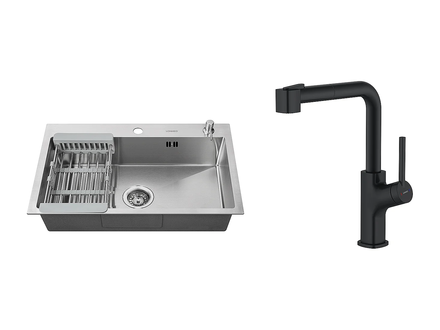 2 en1 Évier Cuisine Brossé 68x45x19CM avec Distrubuteur savon Égouttoir Panier+ Robinet de Cuisine Noir avec Douchette Extractible