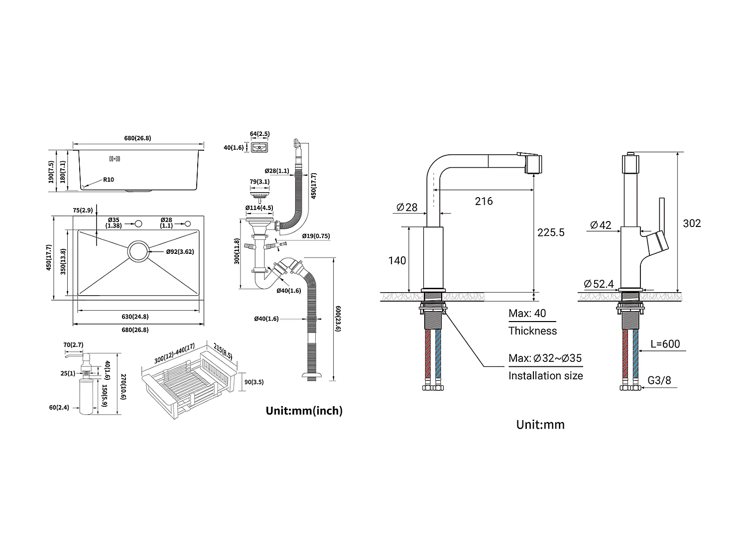 2 en1 Évier Cuisine Brossé 68x45x19CM avec Distrubuteur savon Égouttoir Panier+ Robinet de Cuisine Noir avec Douchette Extractible